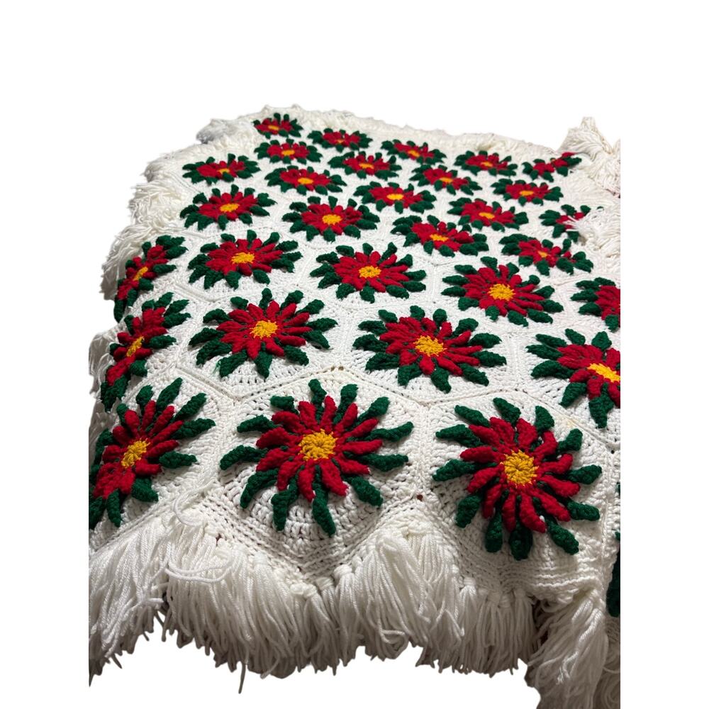 Handmade Poinsettia Crocheted Fringe Throw Blanket